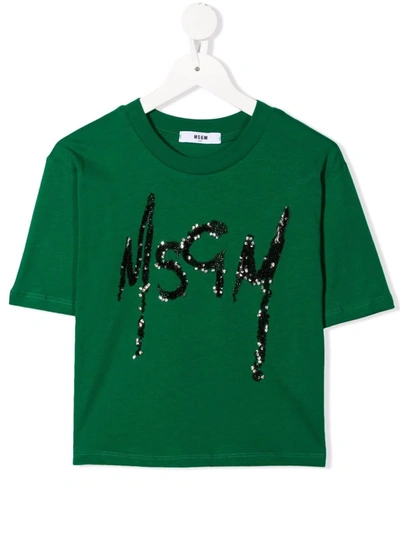 Msgm Kids' Logo Crew-neck T-shirt In Green