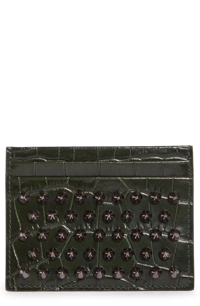 Christian Louboutin Kios Spike Croc Embossed Leather Card Case In Forest Night/ Gun Metal