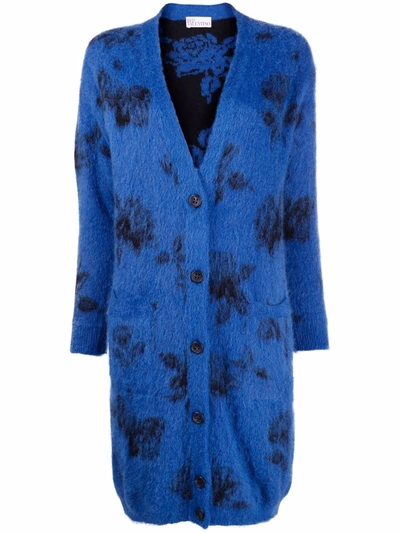 Red Valentino Rose Jacquard Mohair-blend Cardigan In Bluette-nero