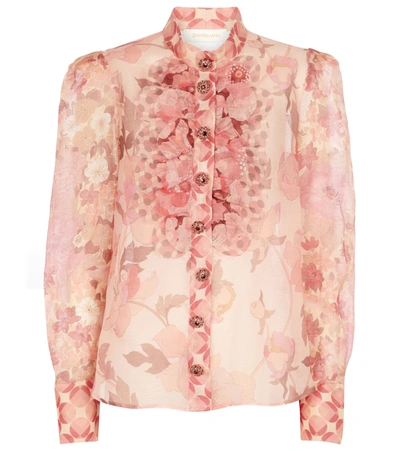Zimmermann Concert Ruffled Floral-print Linen And Silk-blend Voile Blouse In Pink
