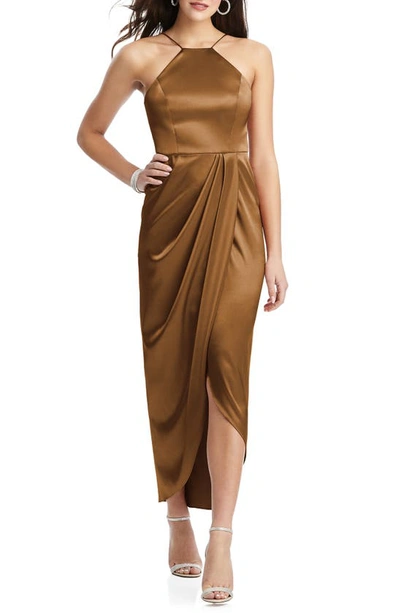 After Six Bow Halter Neck Stretch Satin Gown In Toffee