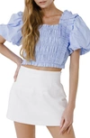 English Factory Shirred Bodice Puff Sleeve Cotton Crop Top In Powder Blue