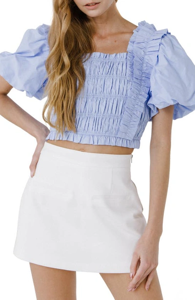 English Factory Shirred Bodice Puff Sleeve Cotton Crop Top In Powder Blue