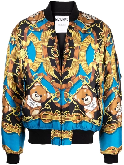Moschino Baroque-pattern Print Bomber Jacket In Light Blue