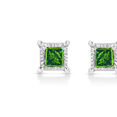 Haus Of Brilliance .925 Sterling Silver 1/10 Cttw Miracle Set Princess-cut Treated Green Diamond Stud Earrings In White