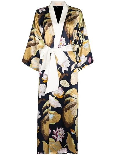 Olivia Von Halle Womens Hasani Queenie Floral-print Silk Dressing Gown 1 Size In Blau