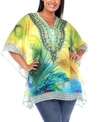 White Mark Plus Size Short Caftan With Tie-up Neckline In Peacock Feather