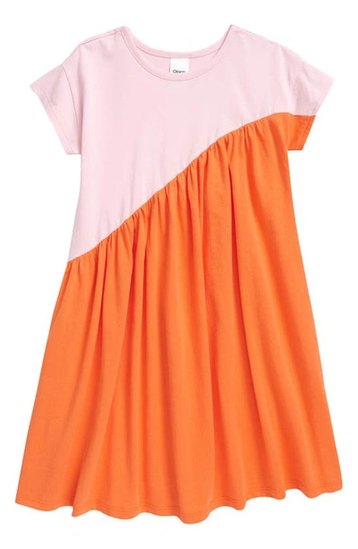 Open Edit Kids' Colorblock Organic Cotton T-shirt Dress In Pink Opal- Orange Sunset