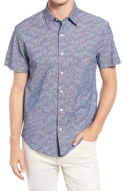 Bonobos Riviera Slim Fit Shark Print Short Sleeve Stretch Button-up Shirt In Chambray - Sharky Sharks