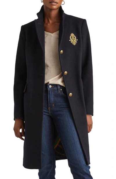 Lauren Ralph Lauren Crest Patch Wool Blend Coat In Regal Navy