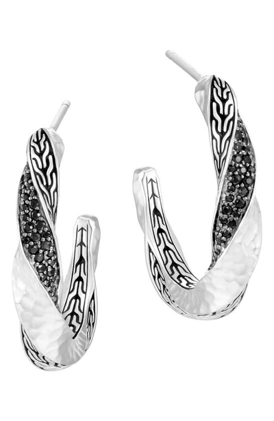 John Hardy Sterling Silver Classic Chain Black Sapphire & Black Spinel Twisted Hammered Hoop Earrings