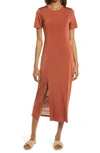 Charles Henry Front Slit Midi T-shirt Dress In Brick