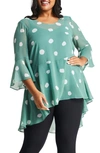 Estelle Colored Glassware Begin Again Print Chiffon High-low Peplum Tunic In Sage/ Milk