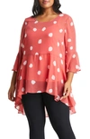 Estelle Colored Glassware Begin Again Print Chiffon High-low Peplum Tunic In Rose/ Milk