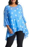 Estelle Colored Glassware Begin Again Print Chiffon High-low Peplum Tunic In Turquoise/ Milk