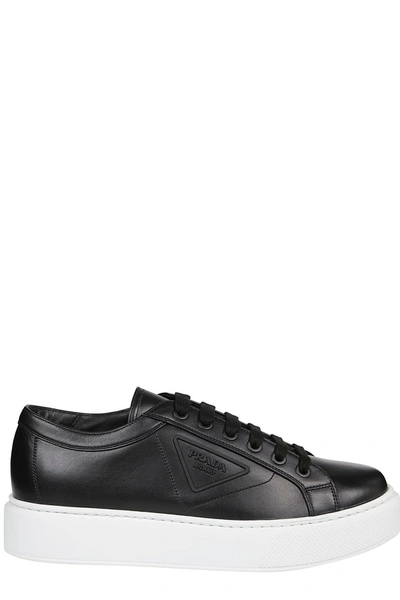 Prada Men's Allaciate Spazzolato Rois 1 Low-top Leather Sneakers In Nero