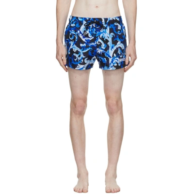 Versace Baroque Printing Shorts Swimwear In Navy Blue Printing