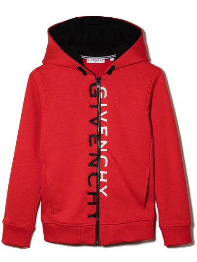 Givenchy Kids' Split Logo Zipped Hoodie In Red
