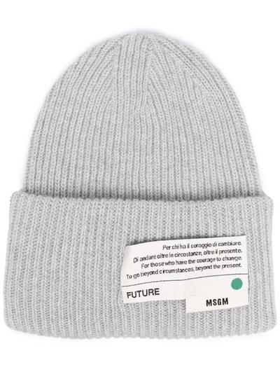 Msgm Logo-patch Knitted Beanie In Grey