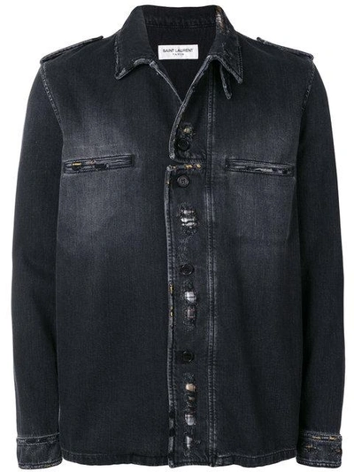 Saint Laurent Military Distressed Plaid Denim Shirt In Black