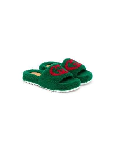 Gucci Kids' 30mm Gg Logo Faux Fur Slide Sandals In Green,red