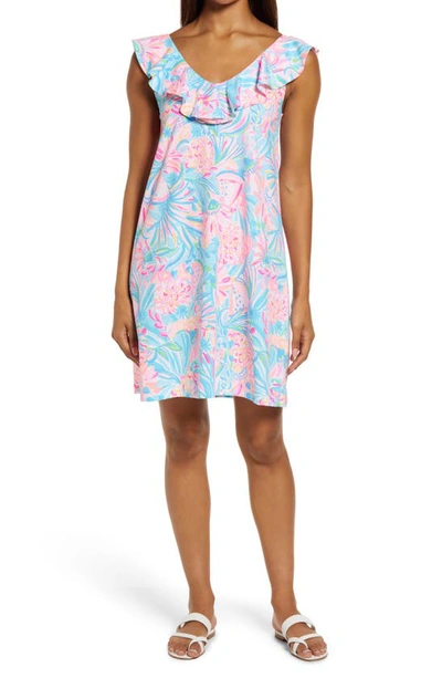 Lilly Pulitzerr Lilly Pulitzer Alessa Floral Ruffle Neck Pima Cotton Shift Dress In Multi Tropical Punch