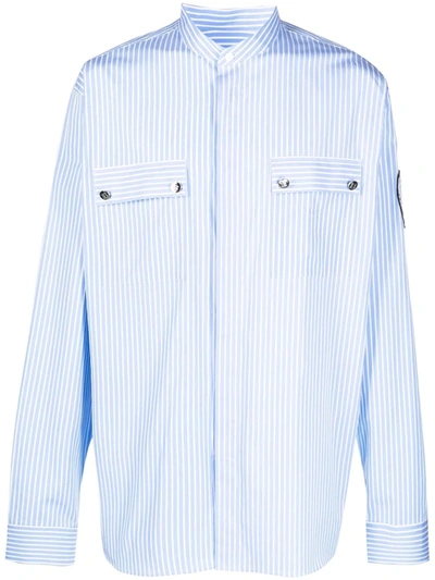 Balmain Mens Bleu Pale Blanc Logo-patch Striped Regular-fit Cotton Shirt 15.75