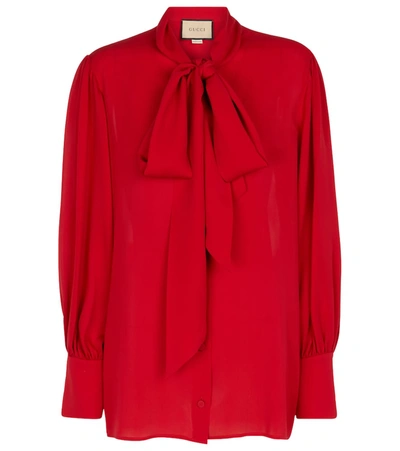 Gucci Tie-neck Ruffled Silk Blouse In Red