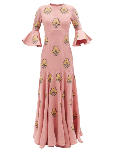 Agua By Agua Bendita Gardenia Floral-embroidered Linen Maxi Dress In Pink