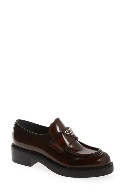 Prada `chocolate` Brushed Leather Loafers In Marrone