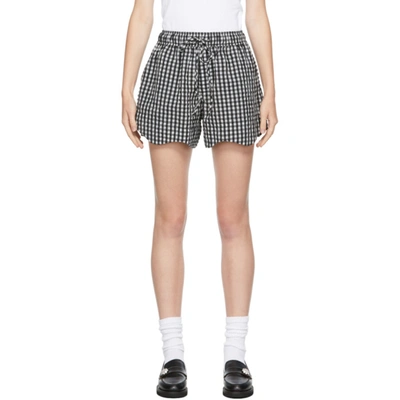 Ganni Black & White Seersucker Check Drawstring Shorts In Black,white
