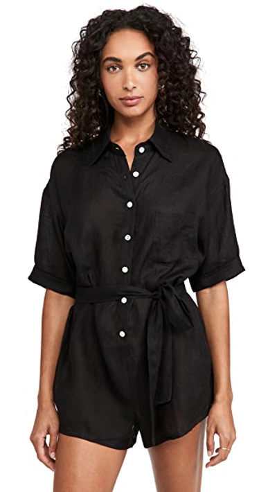 Vitamin A Playa Coverup Button-front Romper In Ecolinen Black