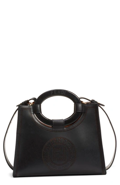 Fendi Runaway Perforated Double-f Logo Leather Shopper In Black/ Soft Gold