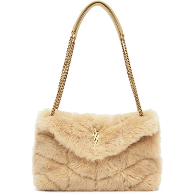Saint Laurent Loulou Puffer Small Quilted Shearling Shoulder Bag In Natural Beige