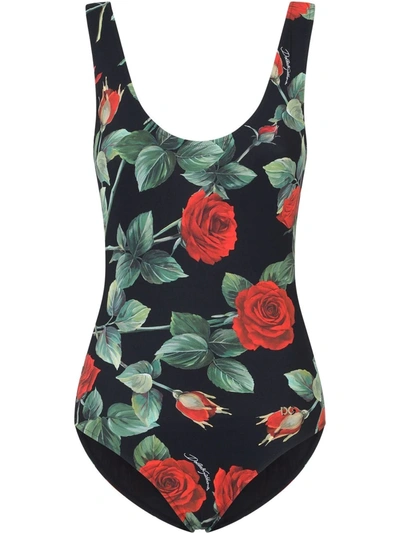 Dolce & Gabbana Rose-print Wireless One-piece Swimsuit In Rose Fdo Nero