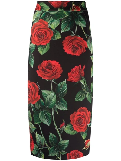 Dolce & Gabbana Rose-print High-waisted Pencil Skirt In Black