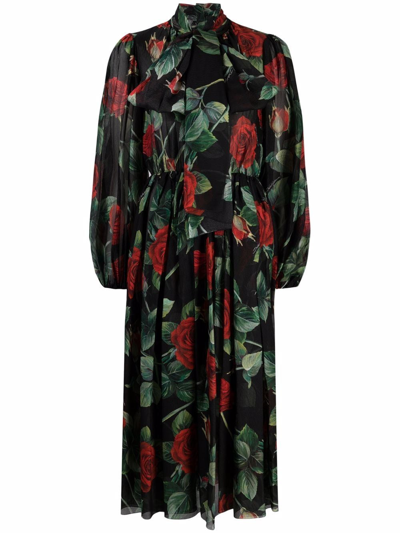 Dolce & Gabbana Black Rose Print Flared Silk Dress In Rose Fdo Nero
