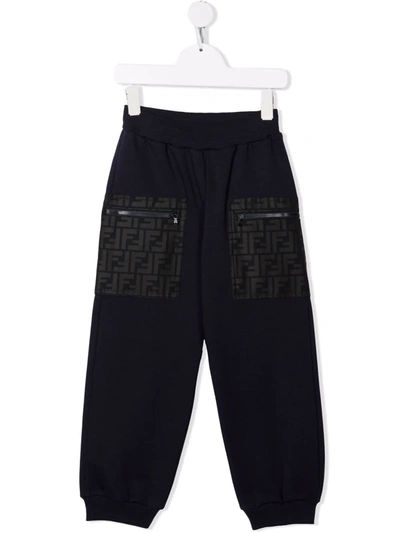 Fendi Kids' Zipped-pockets Cotton Track Trousers In Black