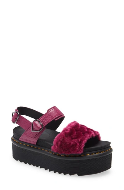 Dr. Martens' Voss Quad Fluffy Faux Fur Platform Sandal In Fuschia Faux Fur Heart