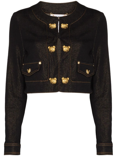 Moschino Teddy Buttons Denim Cropped Jacket In Black