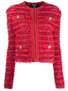 Balmain Tweed Collarless Zip Up Jacket In Red