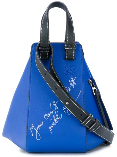 Loewe Hammock Small Embroidered Leather Tote In Blue