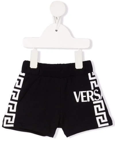Versace Babies' Black Bermuda Shorts With White Greca Print And Logo Kids In White/black