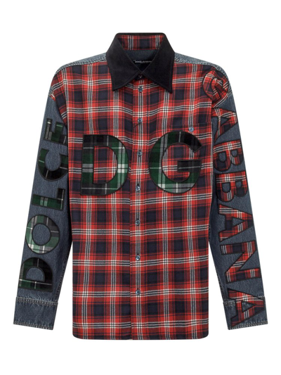 Dolce & Gabbana Oversized Denim And Flannel Shirt With Logo In Red