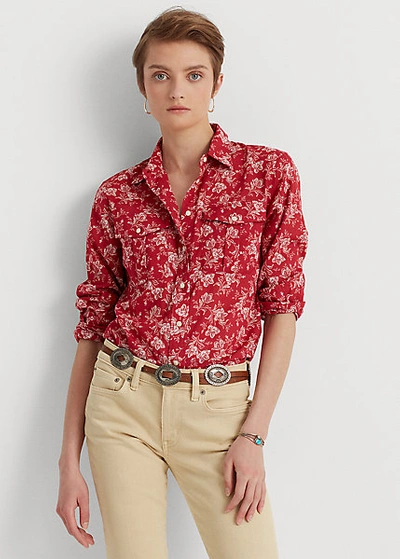 Lauren Petite Floral Cotton Dobby Shirt In Bright Clay/ Cream