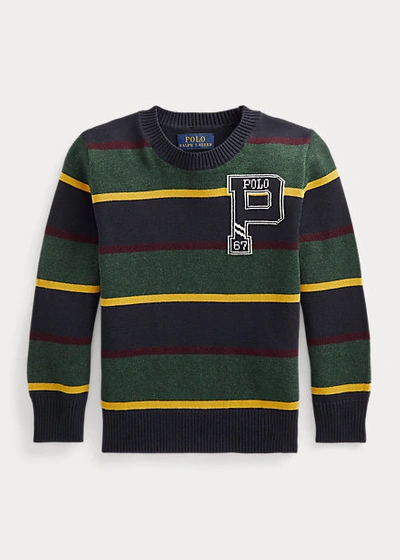 Polo Ralph Lauren Kids' Striped Cotton Letterman Sweater In Navy Multi Stripe