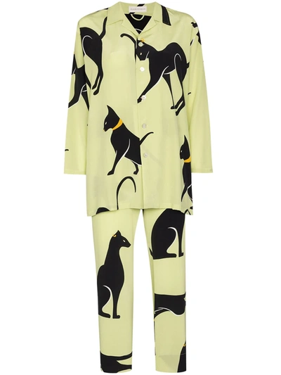 Olivia Von Halle Casablanca Sisto Cat Print Silk Pyjama Set In Grün