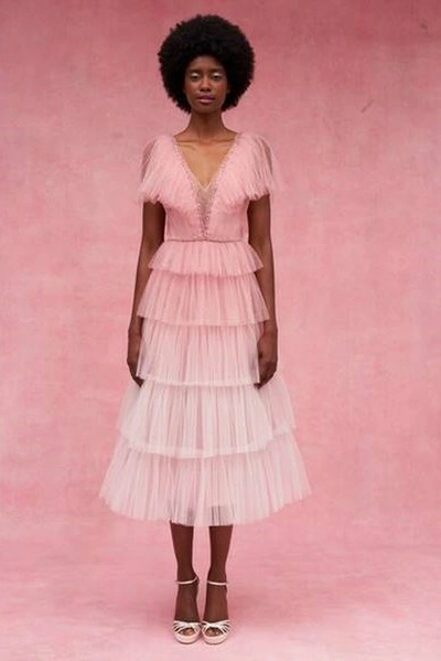 Jenny Packham Freya Crystal Tiered Ruffle Tulle Midi Dress In Rose Pink