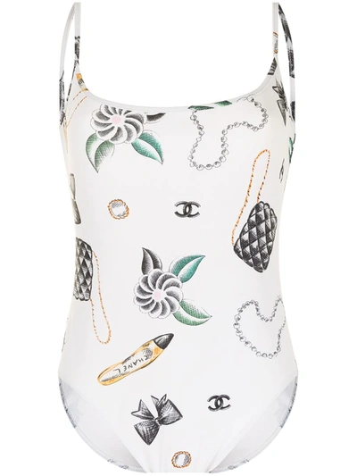 Pre-owned Chanel Cc Icon Motifs Swimsuit In White