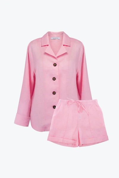 Sleeper Linen Pyjama Set With Shorts In Bubble Gum In Pink